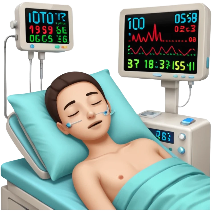 a PATIENT waking up before a surgery sleeping. And 1 monitor with vitals and numbers emoji