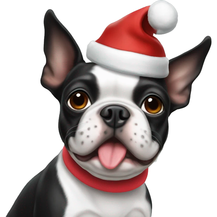Boston terrier with a Christmas hat emoji