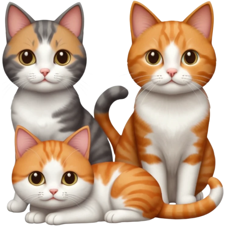 3 different coloured tiny short haired cats, including a dark grey and white cat, a ginger and white and a brown tabby and white emoji