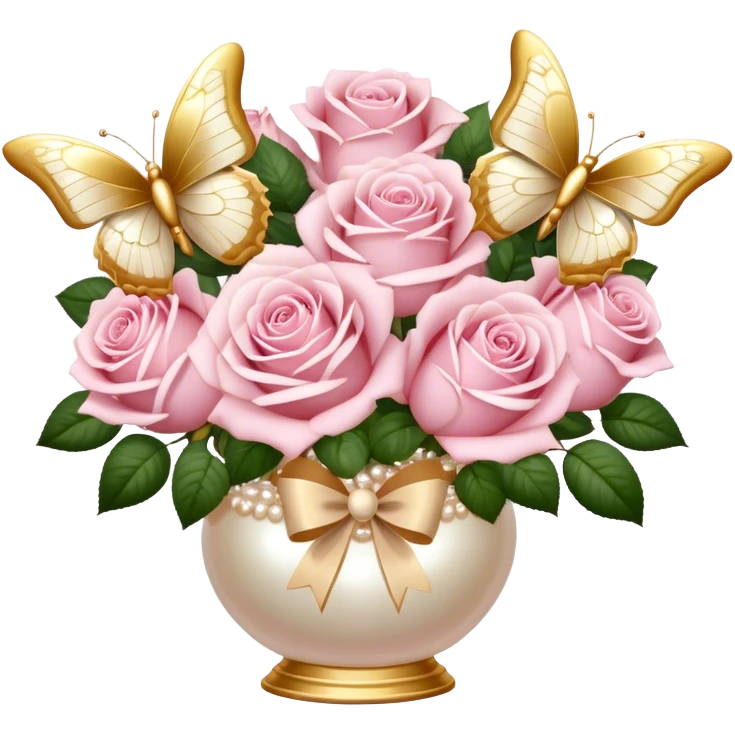 Realistic aesthetic bouquet of roses. Three white and three light pink in a pearl vase and a beige bow with gold decoration and a butterfly with gold and beige wings emoji