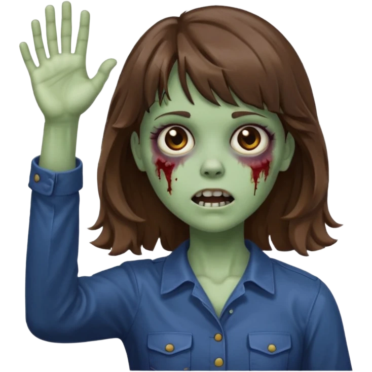 Uma menina zombie com um cabelo ondulado médio, com a franja pro lado esquerdo, o cabelo com cor castanho com as mão pra cima tipo zombie  emoji