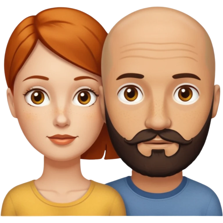 Couple. Bald man with dark brown-black beard. White woman with many small, faded freckles, white skin and she has auburn-yellow-brown-caramel, dark hair. She has light orange-brown eyes. The man have hazel eyes. Retro style. emoji