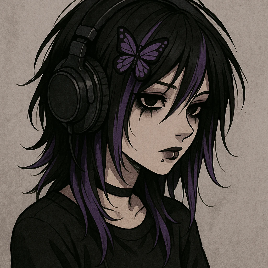 emo girl with headphones, purple highlights, butterfly hairpin emoji