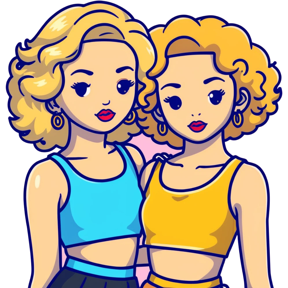 Two teenage girls together, one blonde and one with curly brown hair, both with heavy makeup, big lips, crop tops, gold jewelry and flashy choni style outfits emoji