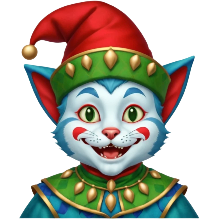 crazy funny colorful cat jolly joker, medieval, vintage, court jester, mac os icon, blue color emoji