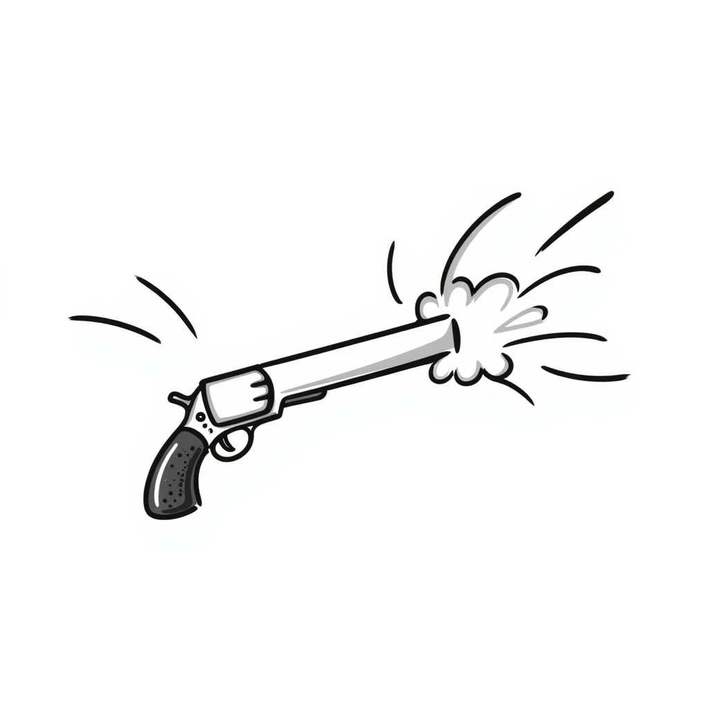 Hand-drawn gun firing with action lines and smoke emoji
