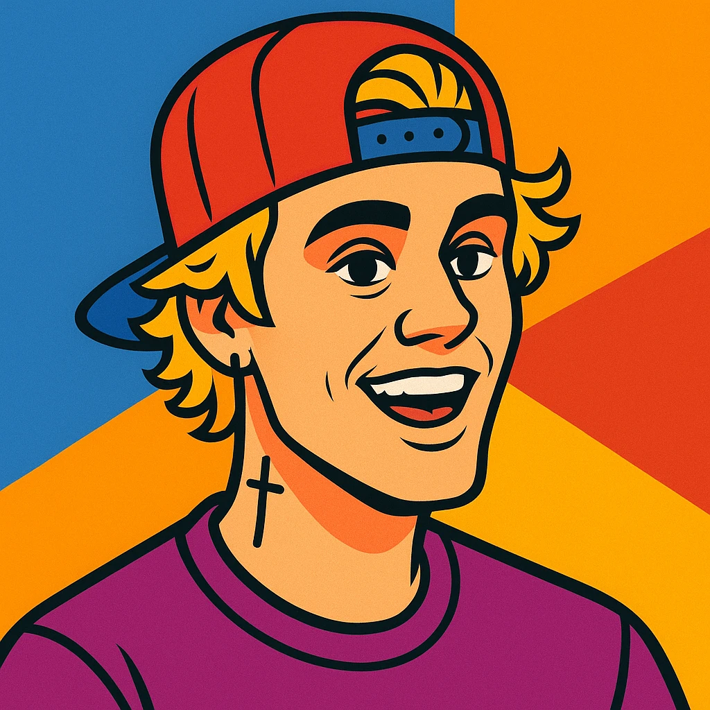 Justin Bieber illustrated portrait, modern pop star look, detailed, energetic expression emoji