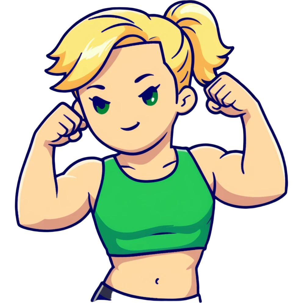 full body pose of a muscular white girl with blonde hair and green eyes, flexing 6 pack abs and one arm bicep emoji