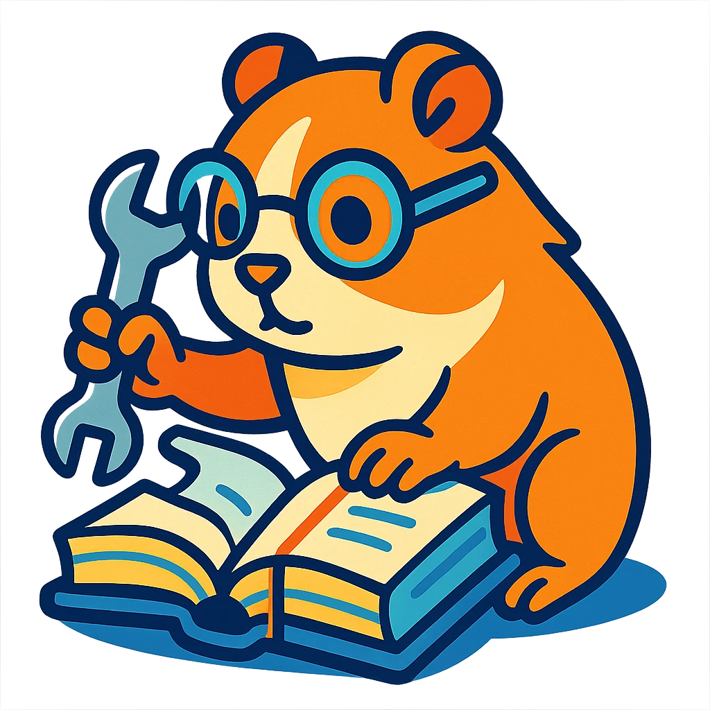 studious guinea pig with glasses, holding a wrench and fixing a book, vibrant toon style emoji