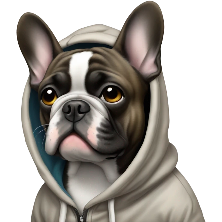 old brindle french bulldog wearing a hoodie emoji