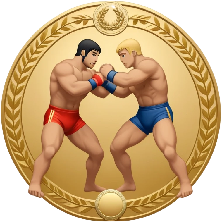 An icon symbolizing wrestling combat sports in the style of an emblem. The design features two wrestlers locked in a powerful grapple, one attempting to take the other down. Surrounding the scene are stylized elements like a championship belt, wrestling mat, and a laurel wreath.  emoji