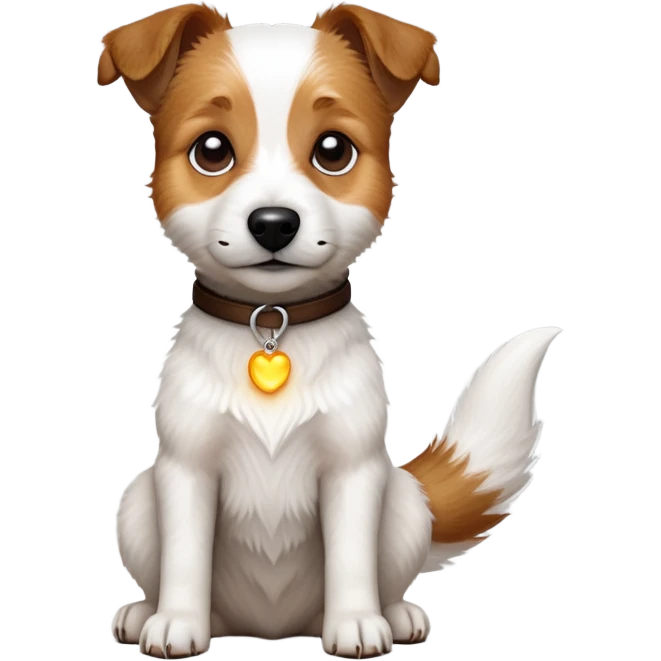cinematic-[jack russel]-realistic-full-body-sitting-emoji,-tail-resting-loosely-beside-its-paws,-head-tilted-dramatically, -scruffy-[brown and white]-fur,-simplified-yet-realistic-focused-features,-highly-detailed,-glowing-with-an-almost-sarcastic-glow emoji