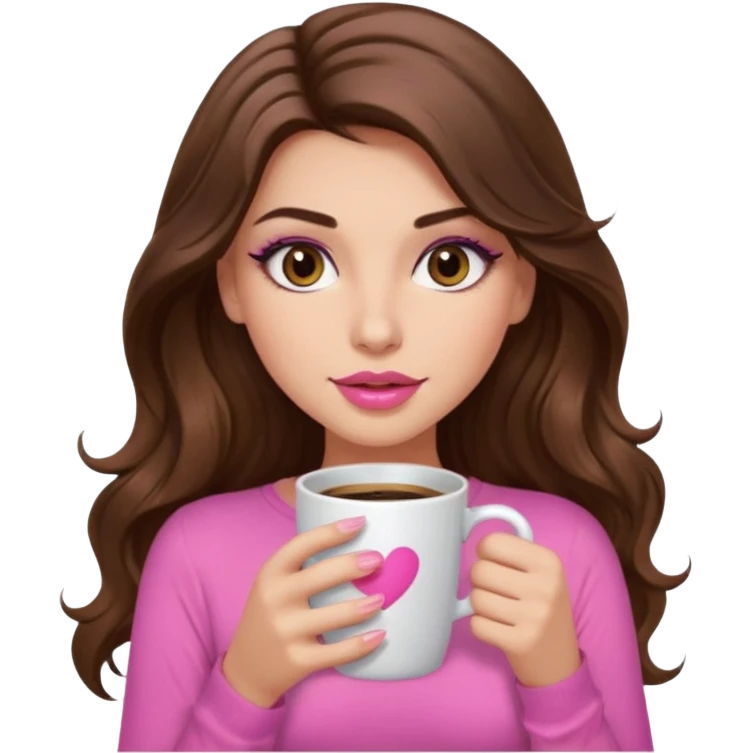 girl with long wavy brown hair, brown eyes, long lashes, makeup ,sexy pink lips, light to medium complexion, pink sexy top, with a coffee mug emoji