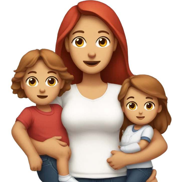 traditional parents with  brown eyes, brown hair and beard, mother wearing t-shirt and pants, and red long hair, and one baby on her arms emoji