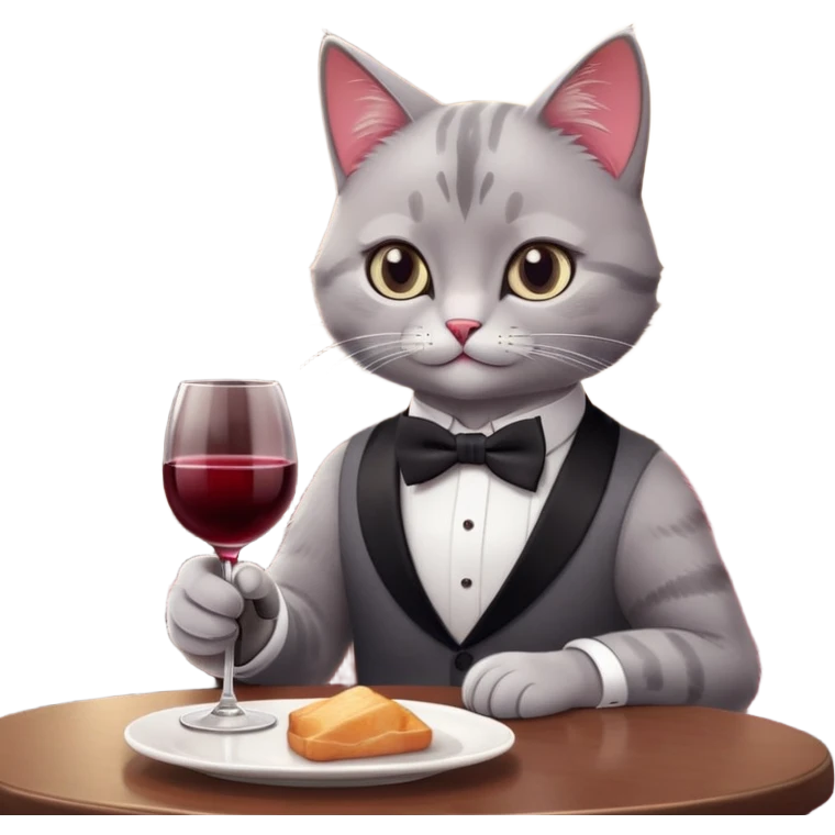 A sophisticated cat wearing a tiny bowtie, sitting at a restaurant table, holding a glass of red wine with a paw, soft lighting, elegant background, cartoonish and cute style, minimal details, emoji design. emoji