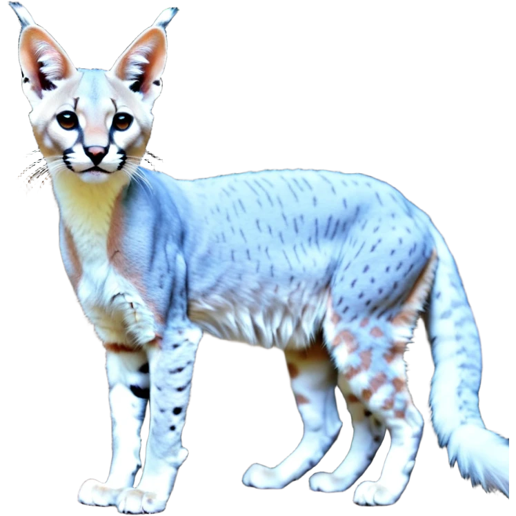 Albino white pastel Realistic patterned marked edgy bluish greyish blackish whitish silvery Shiny Colorful Dusky Dark Glossy Genet-Caracal-Lion-Bobcat-fusion-animal-hybrid-creature, full body, tufted ears, long thin tufted tail emoji