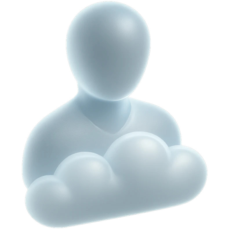 front view portrait of a person, shoulders up, body made of white convex clouds, matte glass style emoji