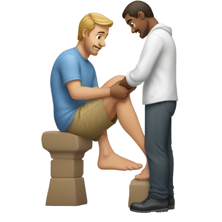 Guy inspecting friend’s large feet  emoji