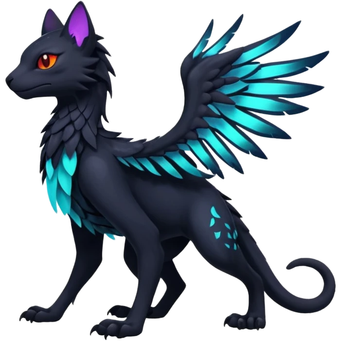 Black Dark Exotic Tropical Beaked Feathery Nocturnal Neon-glowing Abyssal Nightly Abyss-Cat-Gryphon-Salandit-Silvally-Fakémon Creature (full body) emoji