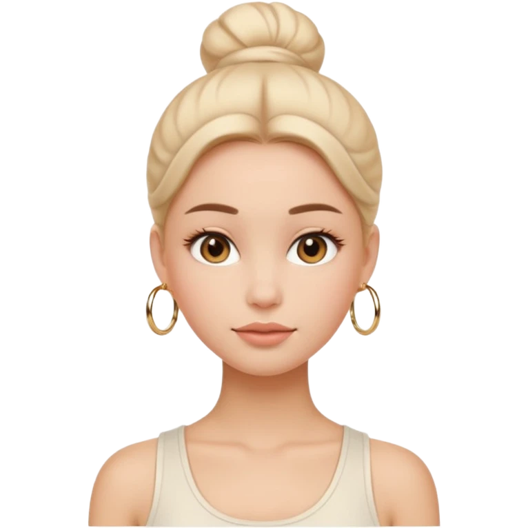 “Emoji girl, flawless skin, light peach blush, natural fluffy brows, glossy nude lips, sleek low bun, small gold hoops, minimalist white tank top.” emoji