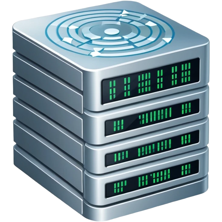 An icon featuring stacked server disks, a digital network grid, and binary code, symbolizing databases. The design includes data flow arrows, representing storage, organization, and retrieval of information. Transparent background highlights data-driven technologies. emoji