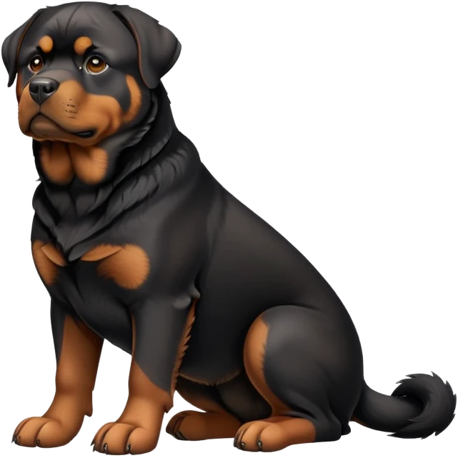 cinematic-[rottweiler]-realistic-full-body-sitting-emoji,-tail-resting-loosely-beside-its-paws,-head-tilted-dramatically, -sleek-[Black and brown]-fur,-simplified-yet-realistic-focused-features,-highly-detailed,-glowing-with-an-almost-sarcastic-glow emoji