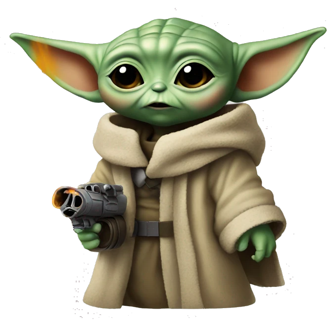 Baby Yoda holds a flamethrower emoji