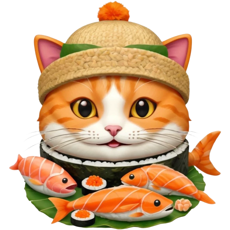 happy cat wearing a hat made out of sushi emoji