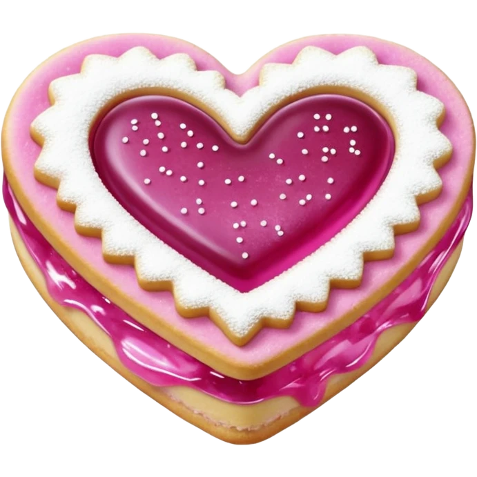 Realistic shortbread cookie in the shape of a heart with light margenta jelly middle filling and sprinkled powder sugar on top. emoji