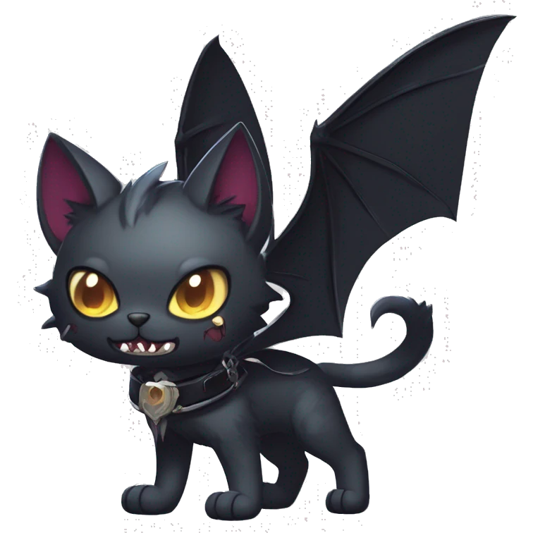   cool edgy kawaii ethereal dark-punk-themed animal vampiric cat-hybrid Fakemon with fangs and bat-wing-ears with a collar full body emoji