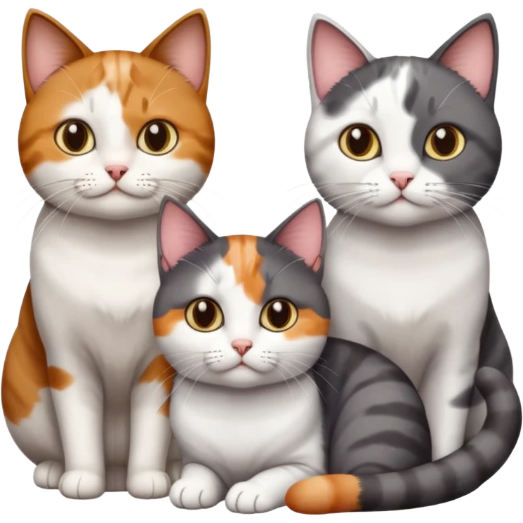 3 different coloured short haired cats including; a dark brown tabby and white cat, and a dark grey and white  emoji