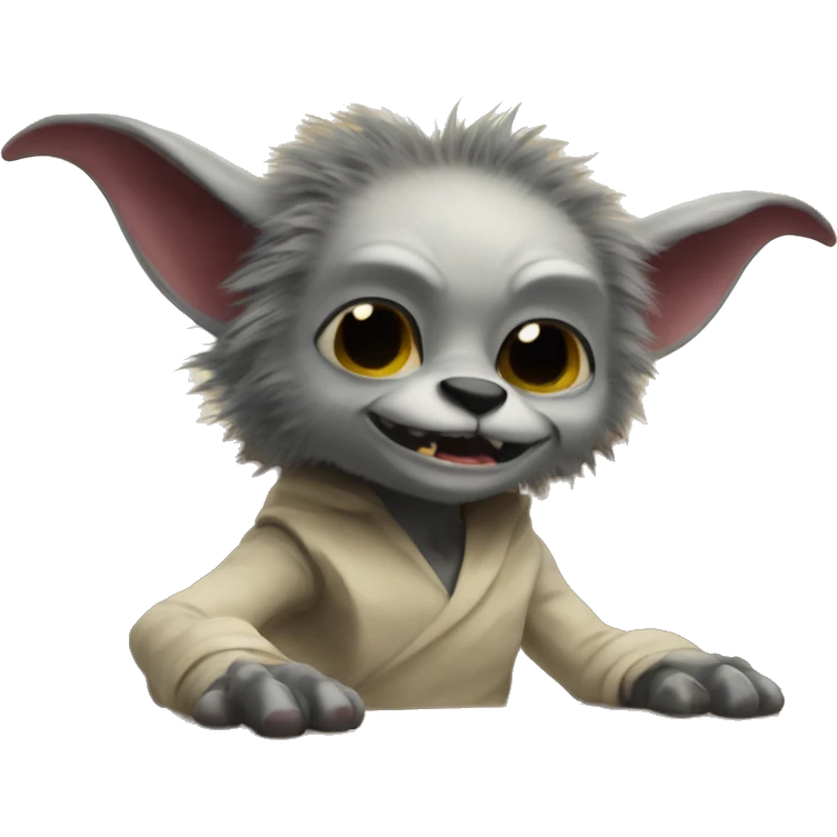 a cute furry gremlin flips over a table emoji
