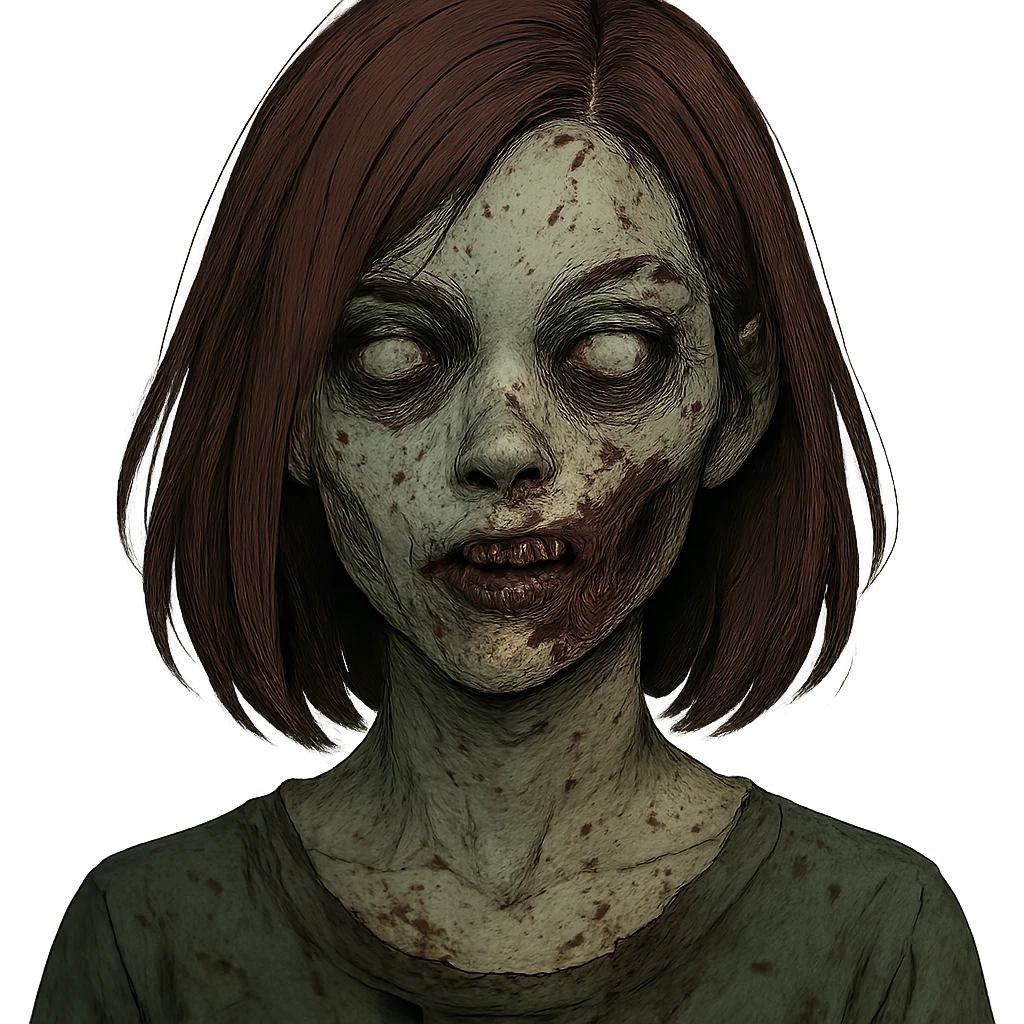 girl with medium length straight burgundy hair, eyebrow slit, zombie style emoji
