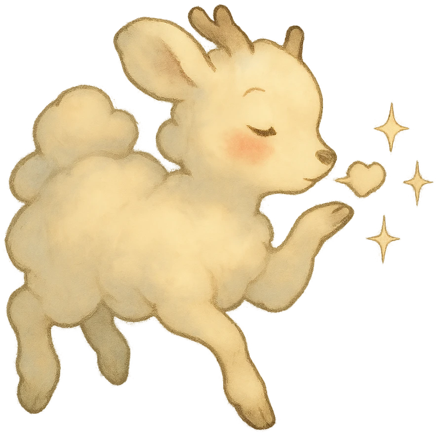 vanilla-colored cloud doe with rosy cheeks, floating, blowing a kiss with sparkles, soft and dreamy ghibli style emoji
