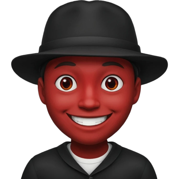 Evil face, smiling, dark red, grin, round face shape, dark style, black hat emoji