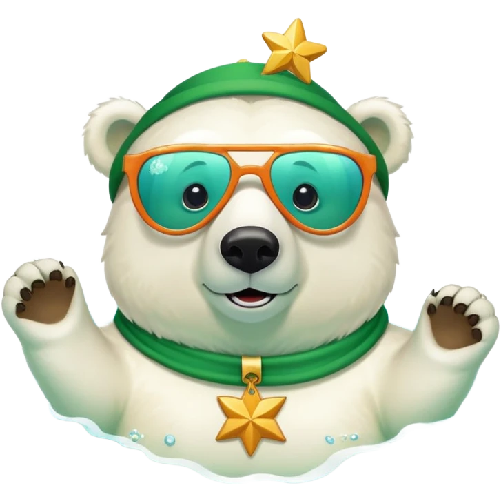 friendly anthropomorphised polar bear wearing oversized colorful star glasses and festive St. Patrick's Day outfit, swimming freestyle with joyful expression emoji