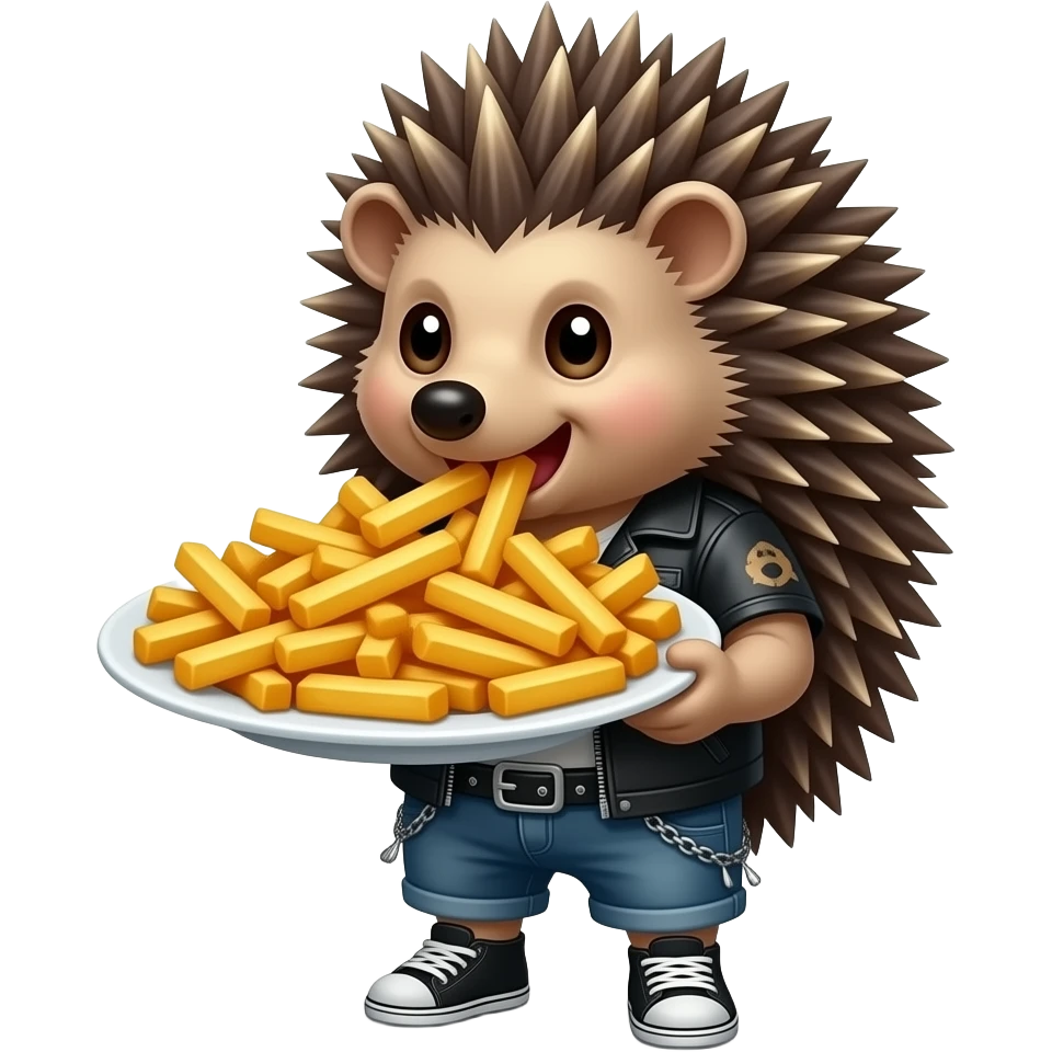 punk Hedgehog wearing cloth and eating big French Fries emoji