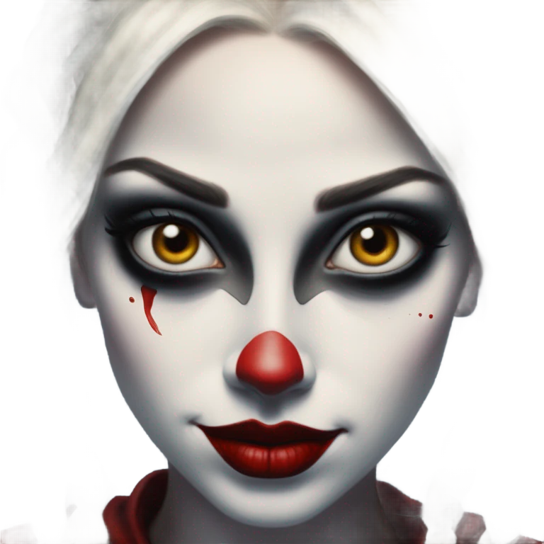 Dalahäst in Harley Quinn style, oil paint, mysterious eyes, intricate lips, masterpiece portrait, odd perspective, beautiful, desirable, logical emoji