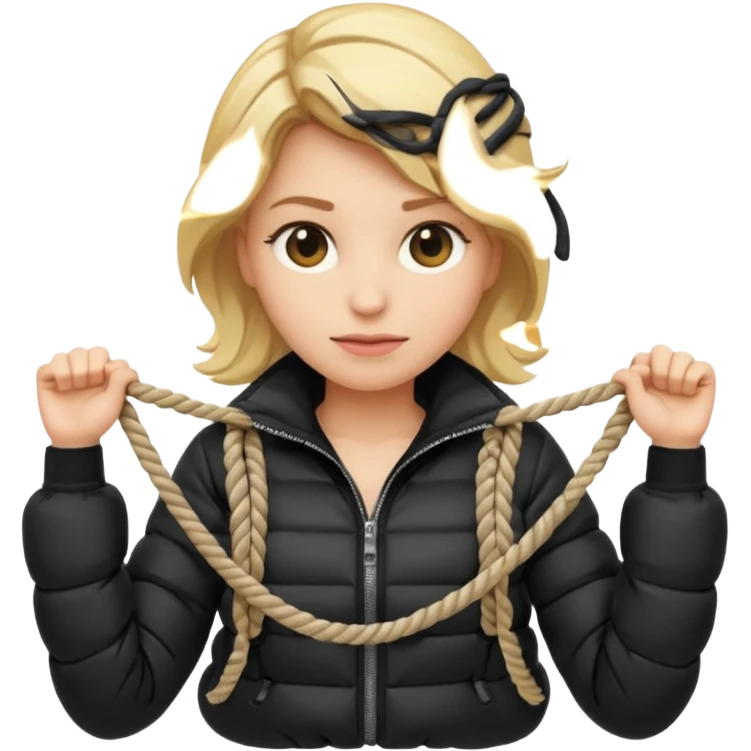 blond female emoji wearing a black down jacket, arms behind the back and ropes tying it emoji