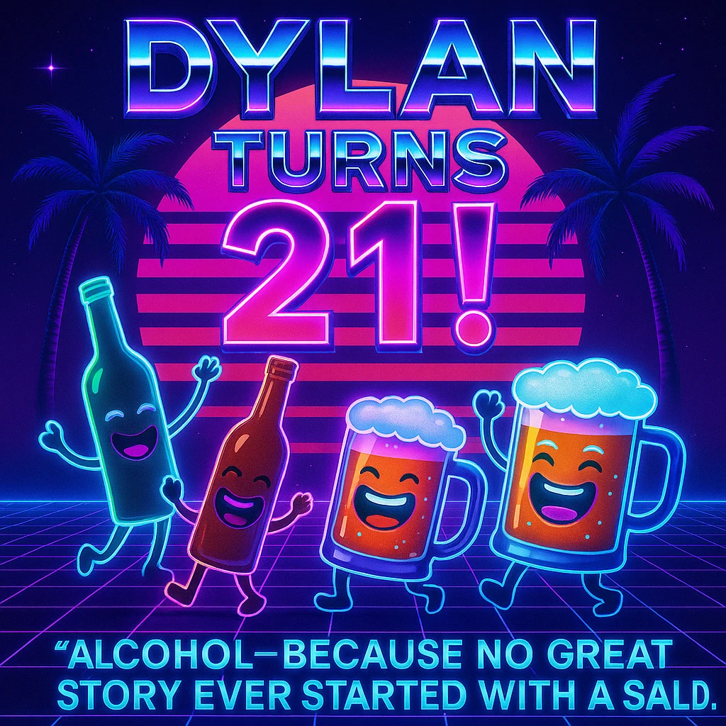 Completely change the style to vaporwave: neon colors, retro 80s grid, palm trees, synthwave sunset, chrome text, and keep the funny drink quote. Make it look digital and bold. emoji
