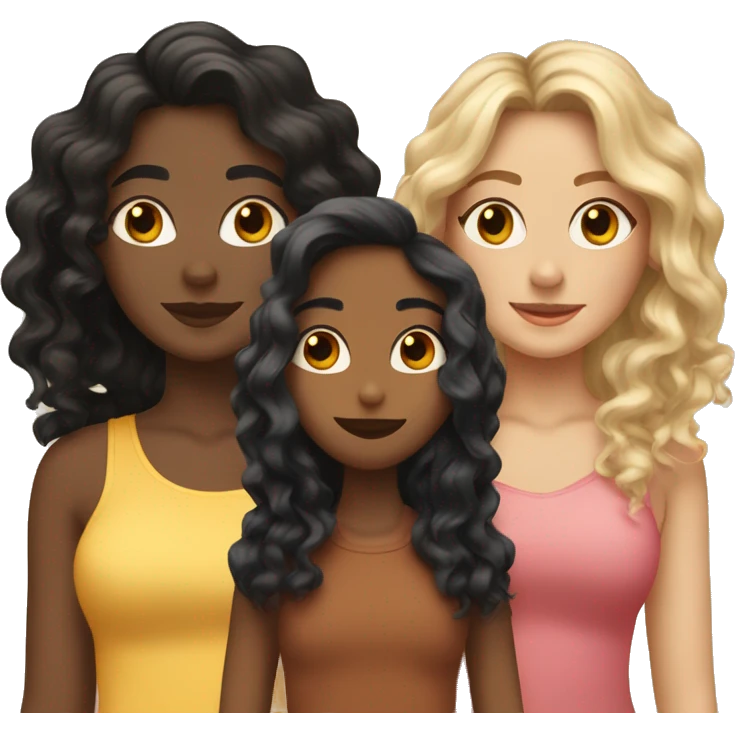 Three girlfriends, one with long wavy black hair, the other curly brown, the other blonde emoji