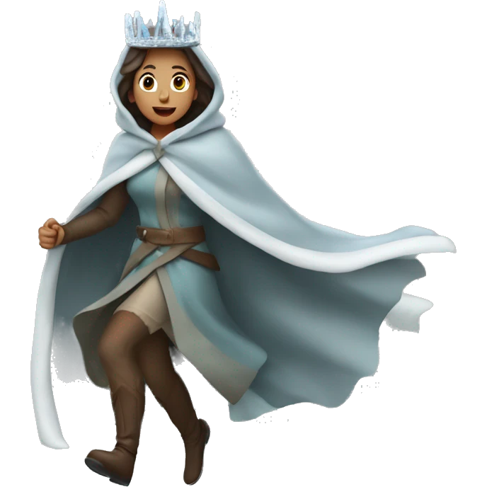 a woman running wearing Icicle Crown and Winter Cloak emoji
