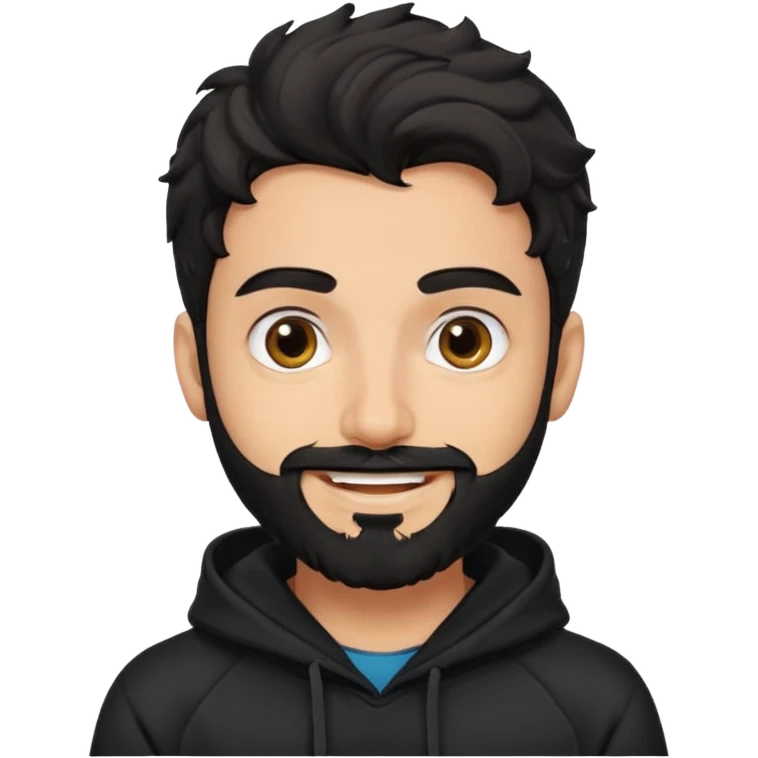 young fair skin pakistani guy smiling with black beard, wavy hair pushed back and brown eyes and thick eyebrows wearing black hoodie emoji