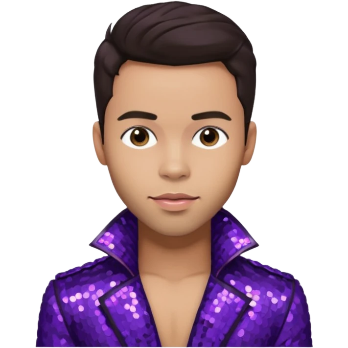 Prince Royce with dark brown hair, dark purple sequin outfit emoji
