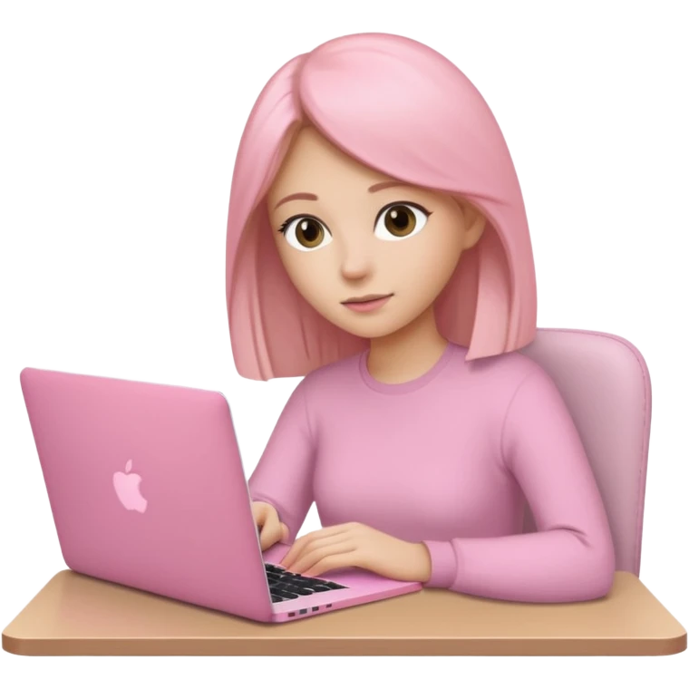 Chica lacia en una MacBook rosa investigando y haciendo tareas emoji