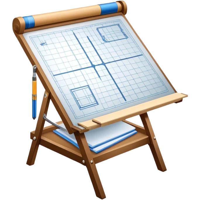 Create a sleek and modern icon representing Architecture, featuring an engineer's drawing board with blueprints of a building and rulers. The design should be visually sophisticated, clean, and professional, without any emojis. The background should be transparent. emoji