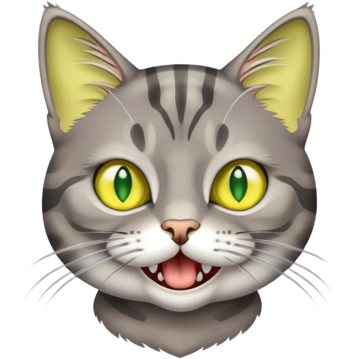 Gray tabby cat with big green-yellow eyes meowing  emoji