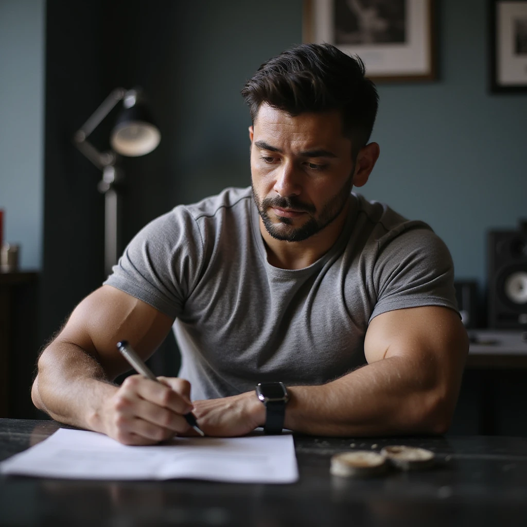 Coach di bodybuilder atletico seduto a una scrivania in ufficio o studio, scrive un protocollo semplice di sostanze chimiche per un atleta, con fiale, siringhe e integratori sulla scrivania, atmosfera realistica, dettagli iperrealistici 4K, ambiente professionale. emoji