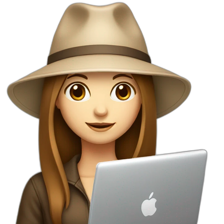 white skin, Girl with a hat, brown hair straight to the shoulders, holding a laptop emoji