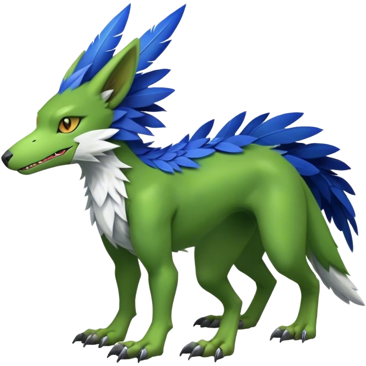 Cute cool fantasy animal hybrid bat-Sergal-Digimon-Fakemon full body, green scales, brown eyes, blue feathers emoji